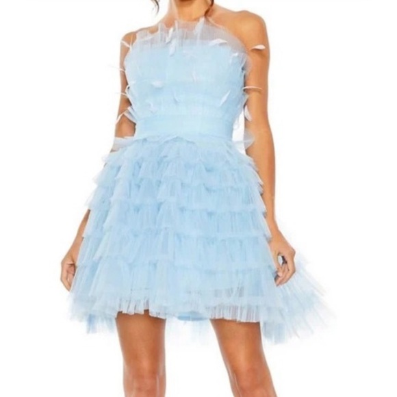 NWT Mac Duggal Light Blue Tulle Strapless Mini Dress Feather Accents ($798) - Picture 4 of 5